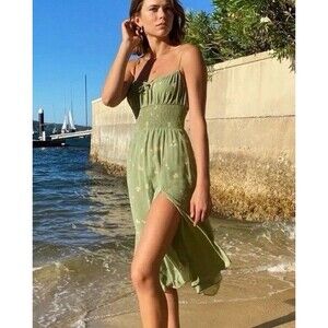 Wilfred Aritzia "Genoa"  Midi Dress Green Pink Floral Babydoll Romantic Sz M EUC